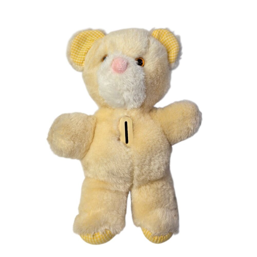 Vintage Hallmark Teddy Bear Bank Yellow Plush Gingham 1982 Baby Nursery Decor